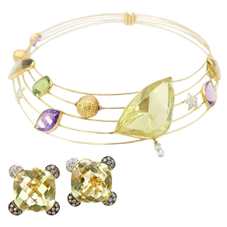 Multi-Gem Statement Color Wire Necklace & Lemon Quartz Diamond Clip Earrings For Sale
