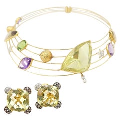 Multi-Gem Statement Color Wire Necklace & Lemon Quartz Diamond Clip Earrings