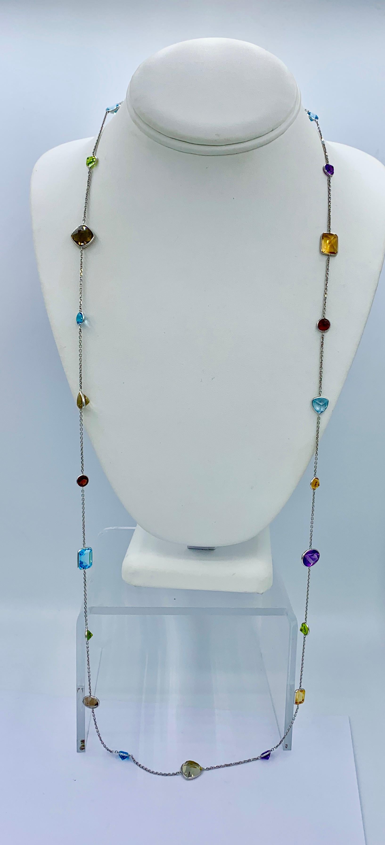 Mixed Cut Multi Gem Station Necklace 14 Karat White Gold By The Yard Sautoir Amethyst For Sale