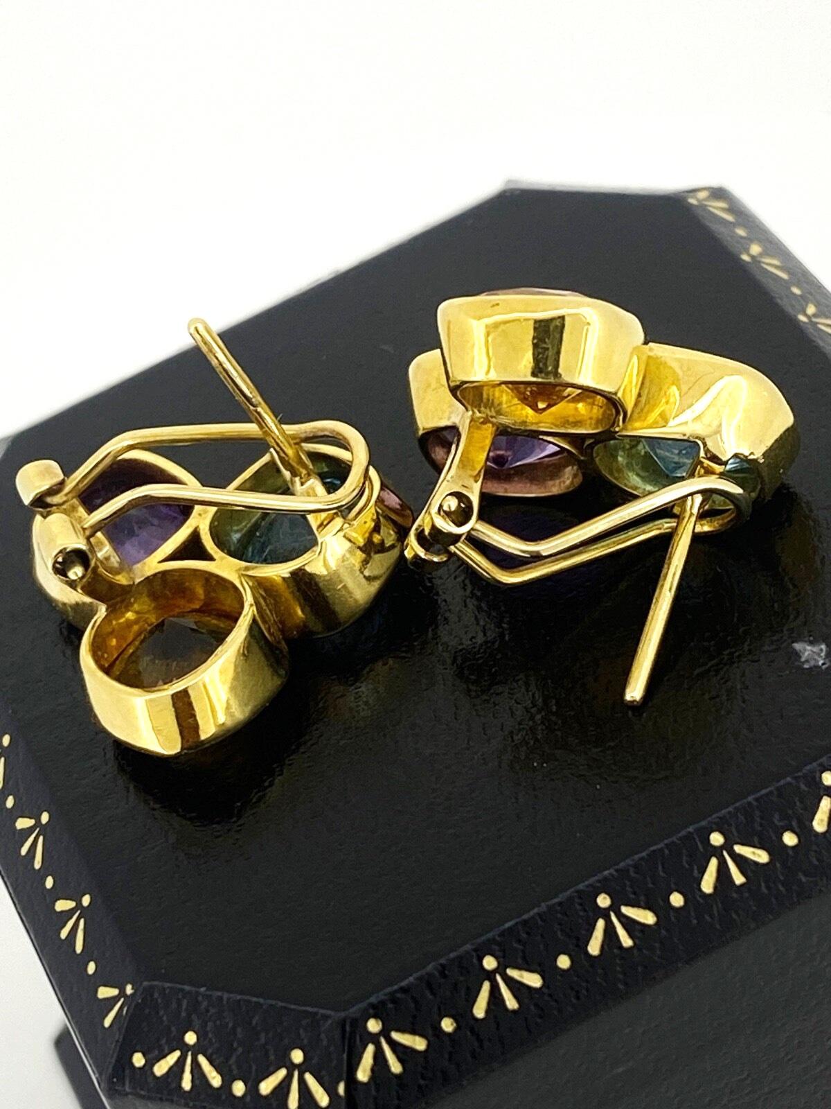 Taille coussin Boucles d'oreilles multi-gemmes - Topaze, Améthyste, Citrine - Forget Me Not en or jaune 14K en vente