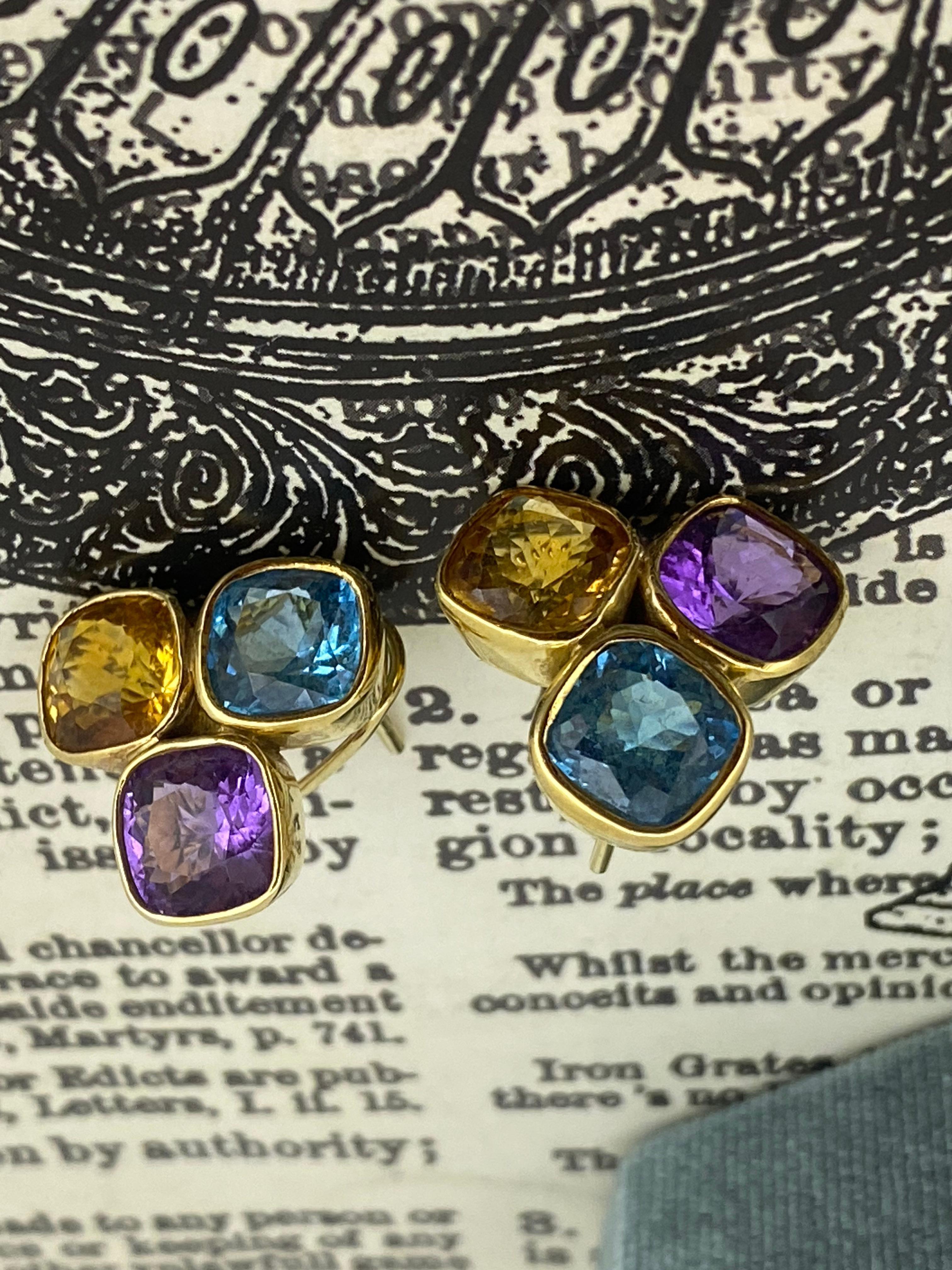 Boucles d'oreilles multi-gemmes - Topaze, Améthyste, Citrine - Forget Me Not en or jaune 14K Pour femmes en vente