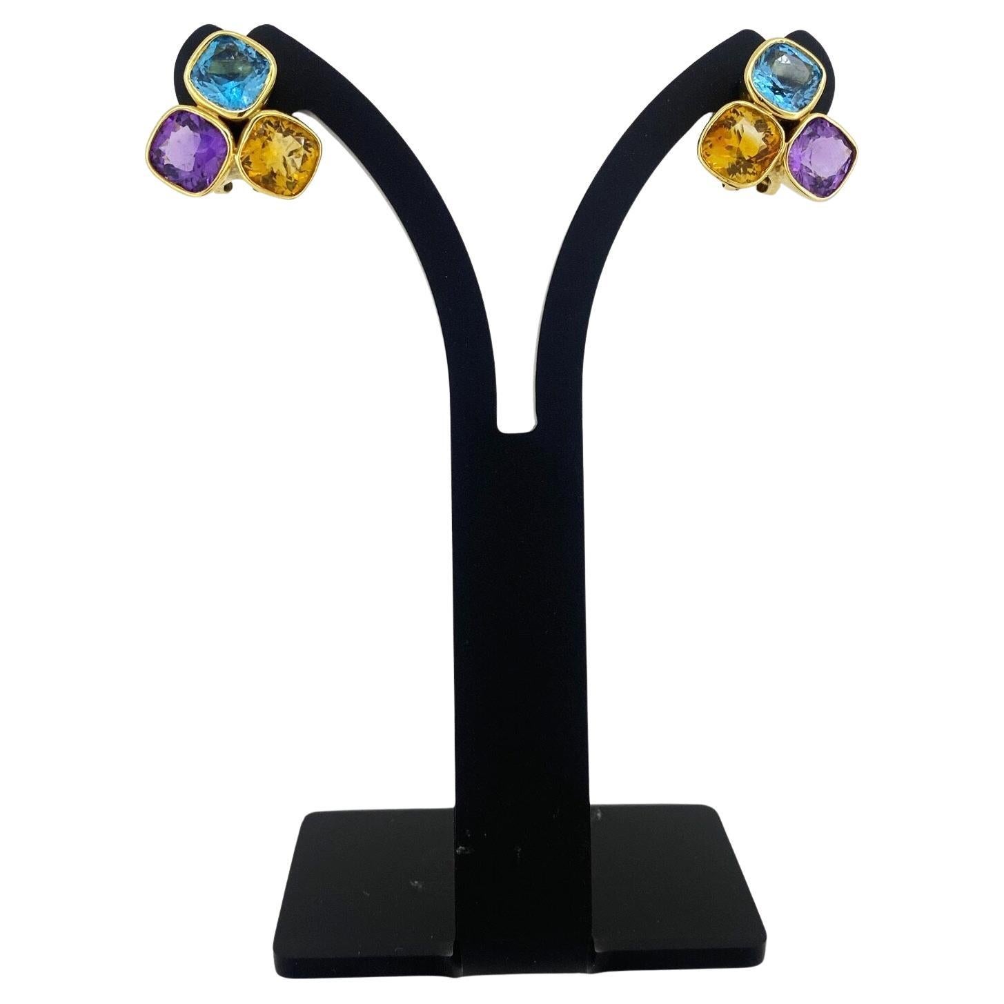 Multi Gem - Topaz, Amethyst, Citrine - Forget Me Not 14K Yellow Gold Earrings