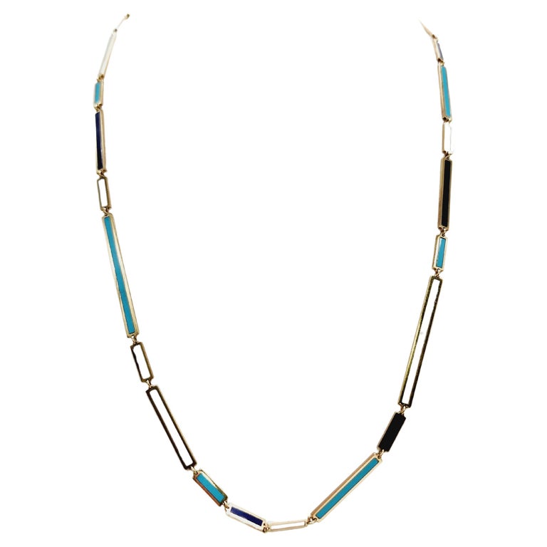 Multi Gem Yellow Gold Link Chain Necklace For Sale at 1stDibs