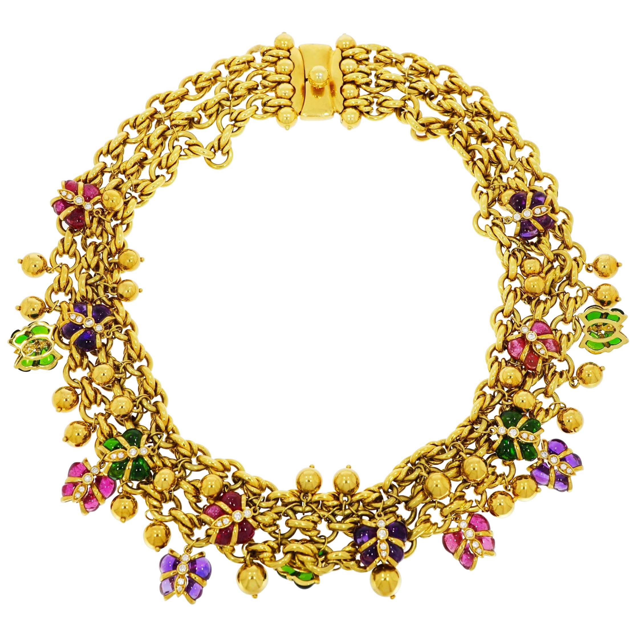 Multi-Gems Butterfly Yellow Gold Necklace