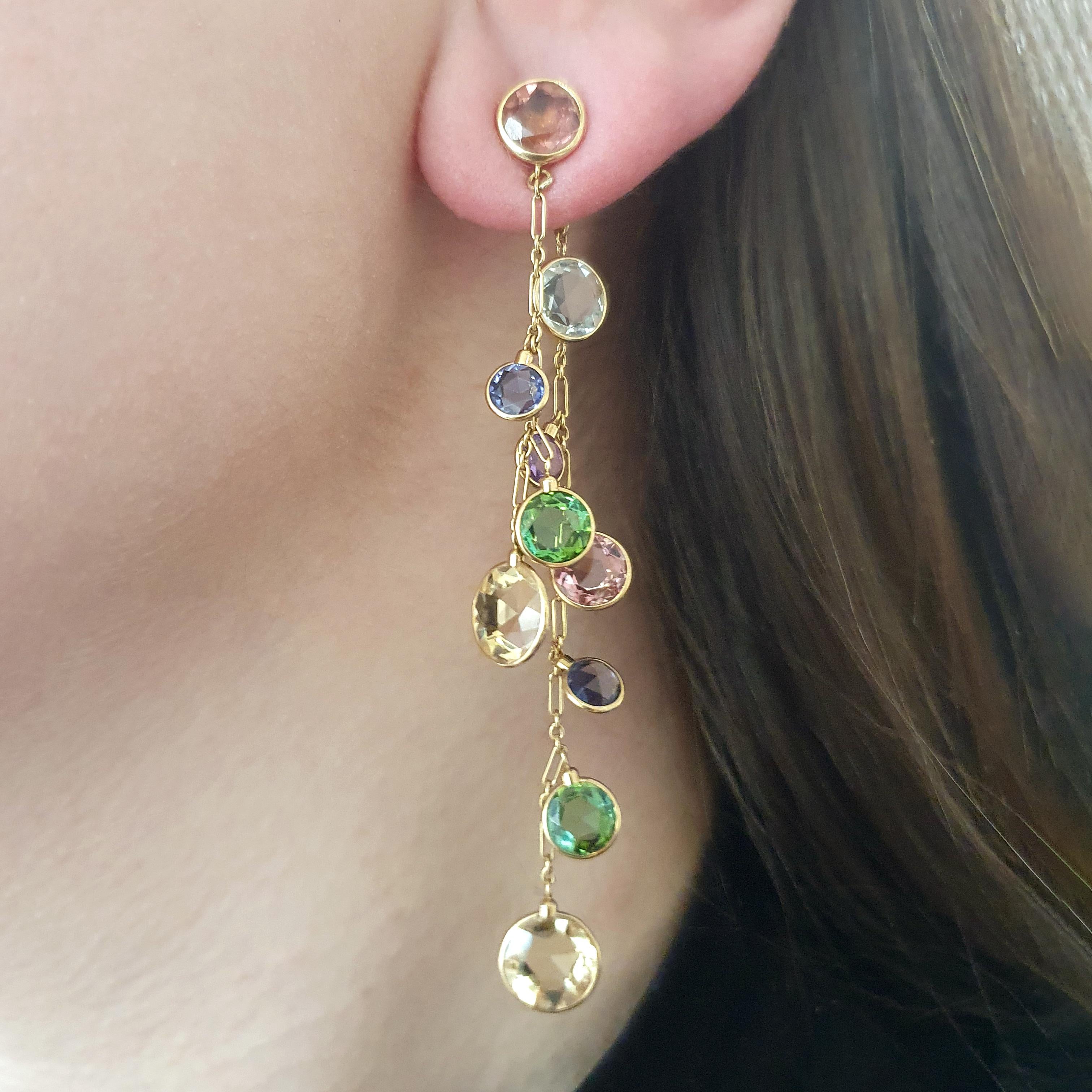 Contemporary Multi Gems Gold Ear Pendants For Sale