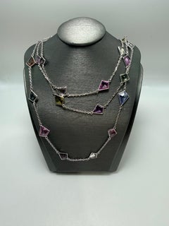 Multi Gems necklace 14KT white gold long chain necklace