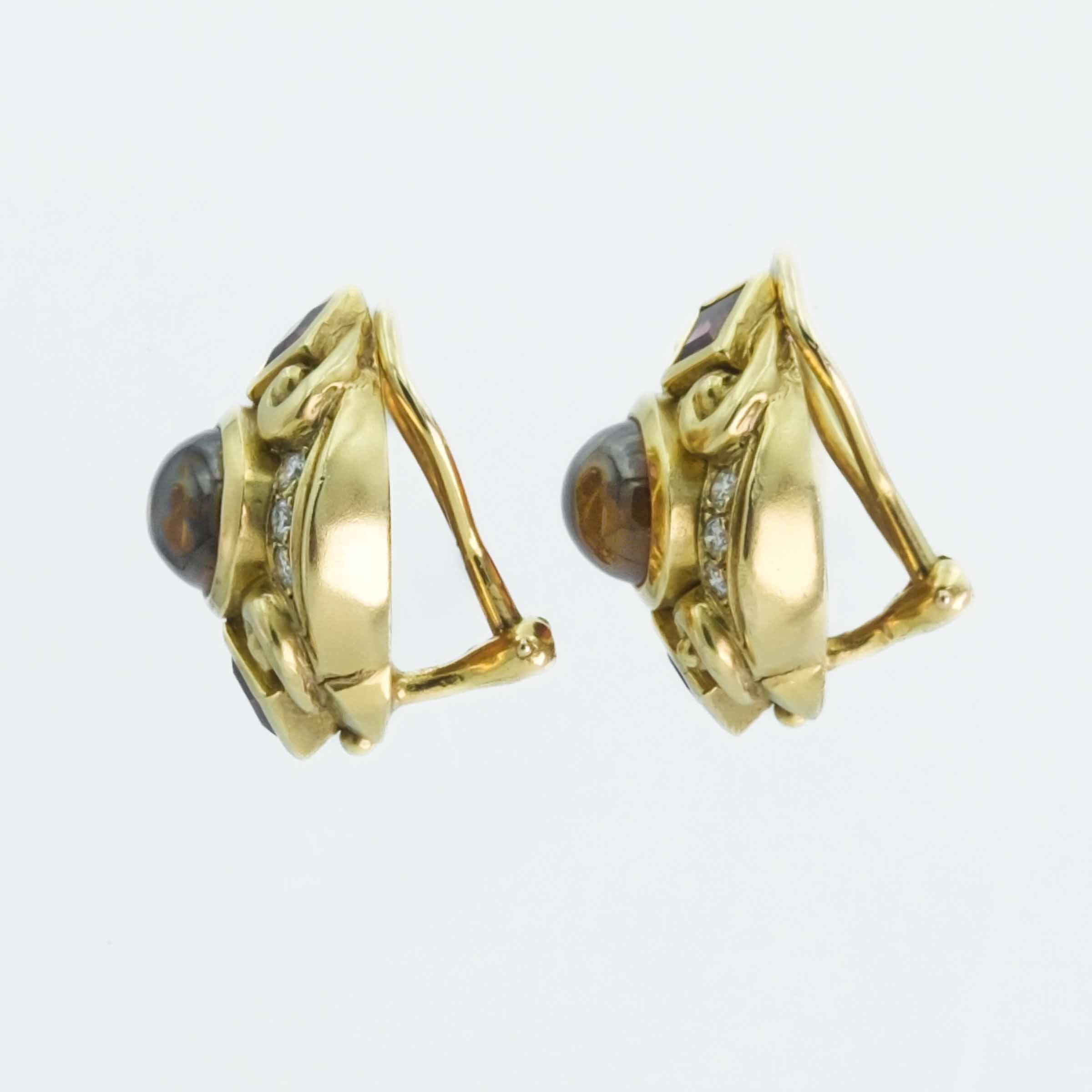 Contemporain Boucles d'oreilles à clip en or jaune 14 carats avec diamants, citrine et pierres précieuses en vente