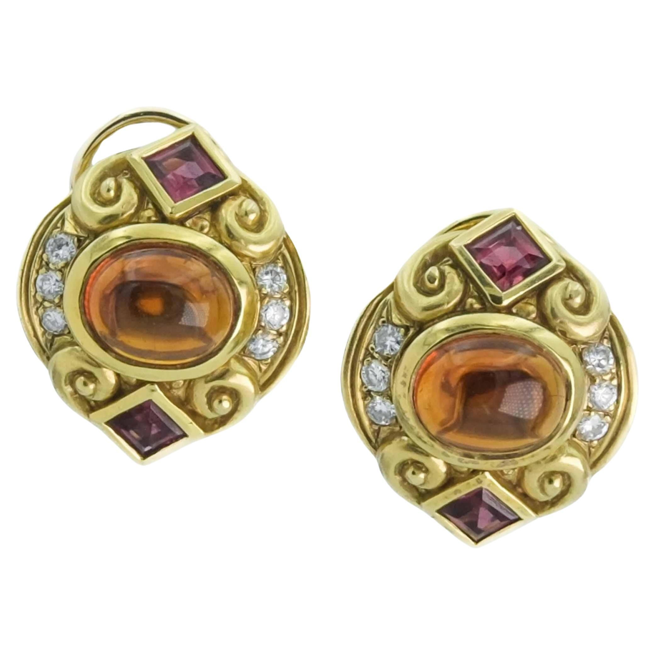 Boucles d'oreilles à clip en or jaune 14 carats avec diamants, citrine et pierres précieuses