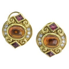 Vintage Multi-Gemstone 14 Karat Yellow Gold Clip-On Earrings with Diamonds, Citrine