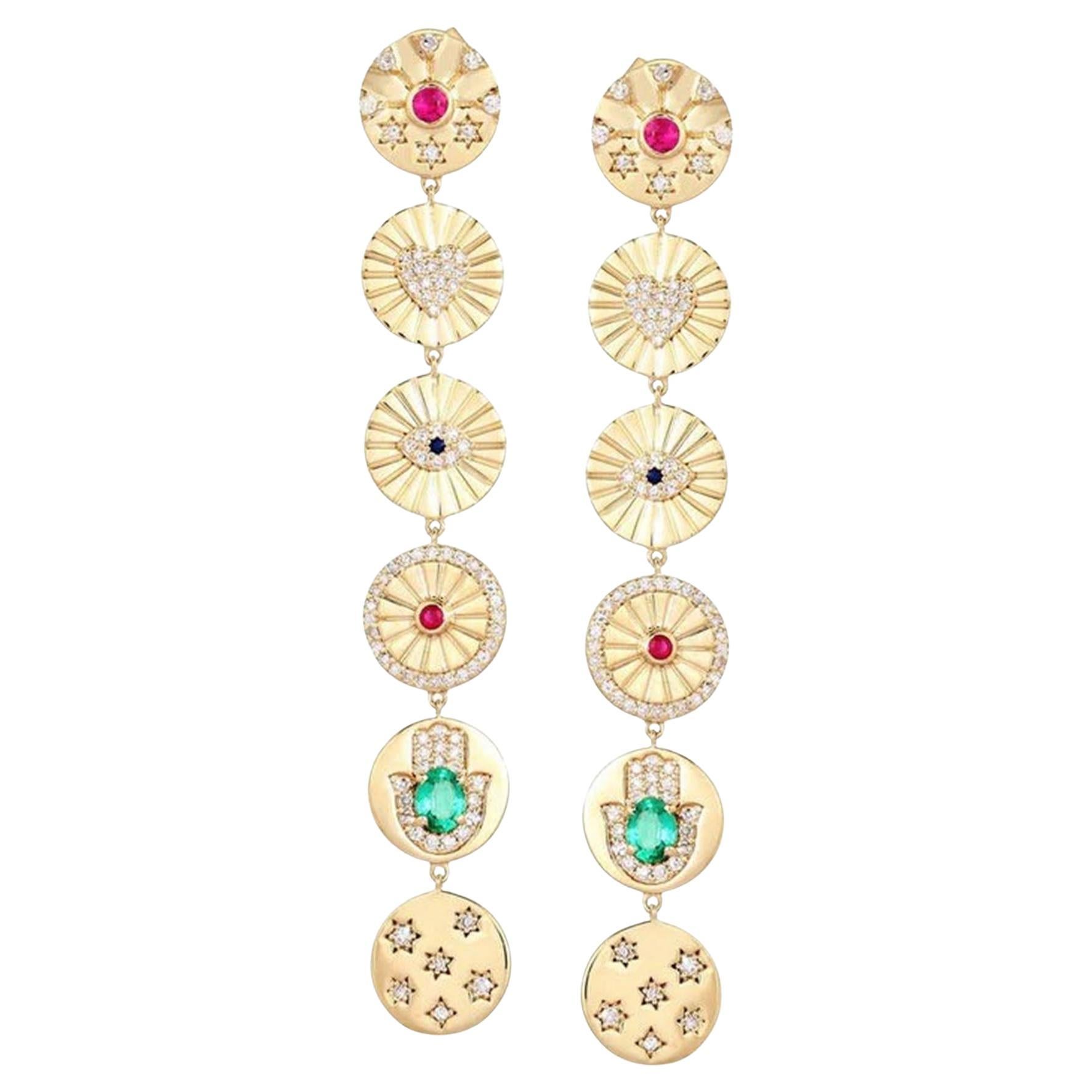 Multi Gemstone 14K Yellow Gold Coin Drop Earrings For Sale