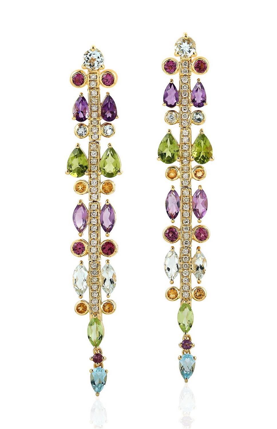 Diamant-Ohrringe mit mehreren Edelsteinen aus 18 Karat Gold (Gemischter Schliff) im Angebot