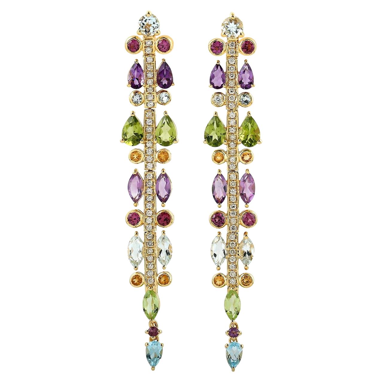 Multi Gemstone 18 Karat Gold Diamond Earrings For Sale