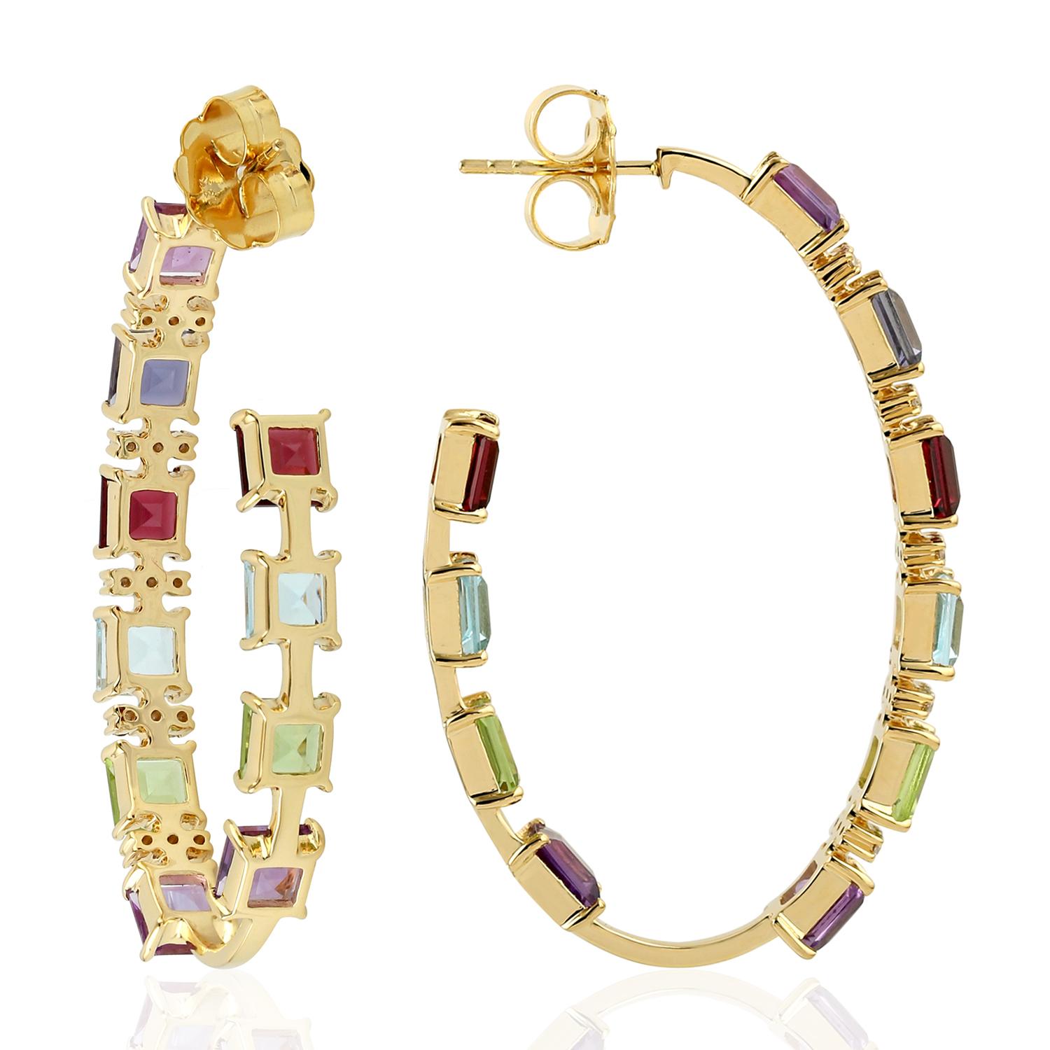 Handcrafted from 18-karat gold, these beautiful inside out hoop earrings are studded with multi gemstone and .41 carats of sparkling diamonds.

FOLLOW  MEGHNA JEWELS storefront to view the latest collection & exclusive pieces.  Meghna Jewels is