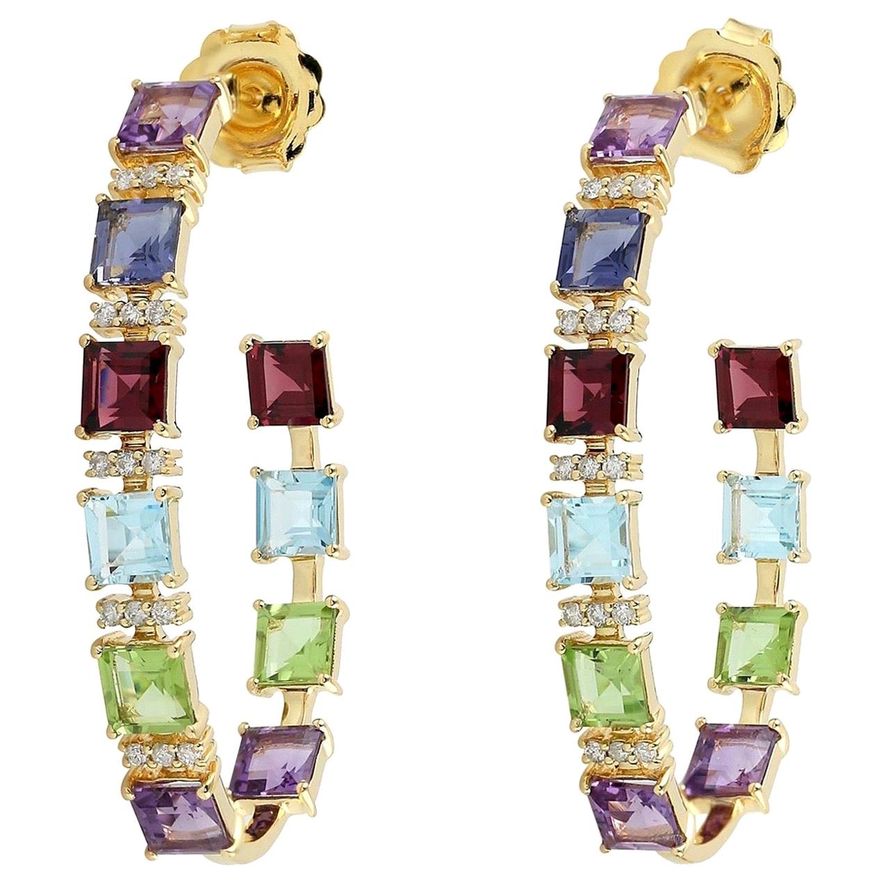 Multi Gemstone 18 Karat Gold Diamond Hoop Earrings For Sale