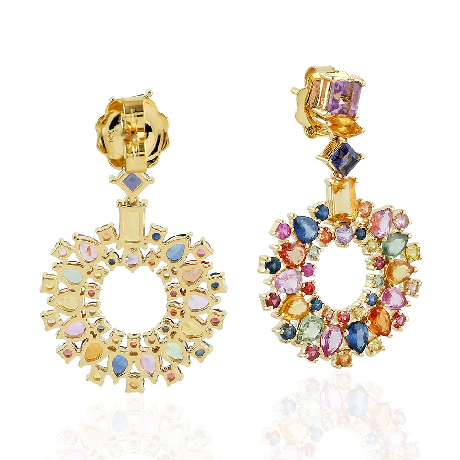Cast from 18K gold, these multi gemstone earrings are true stunners.  It is hand set with 6.18 carats of Iolite, .80 carats citrine, .75 carats amethyst & sapphires.  

FOLLOW  MEGHNA JEWELS storefront to view the latest collection & exclusive