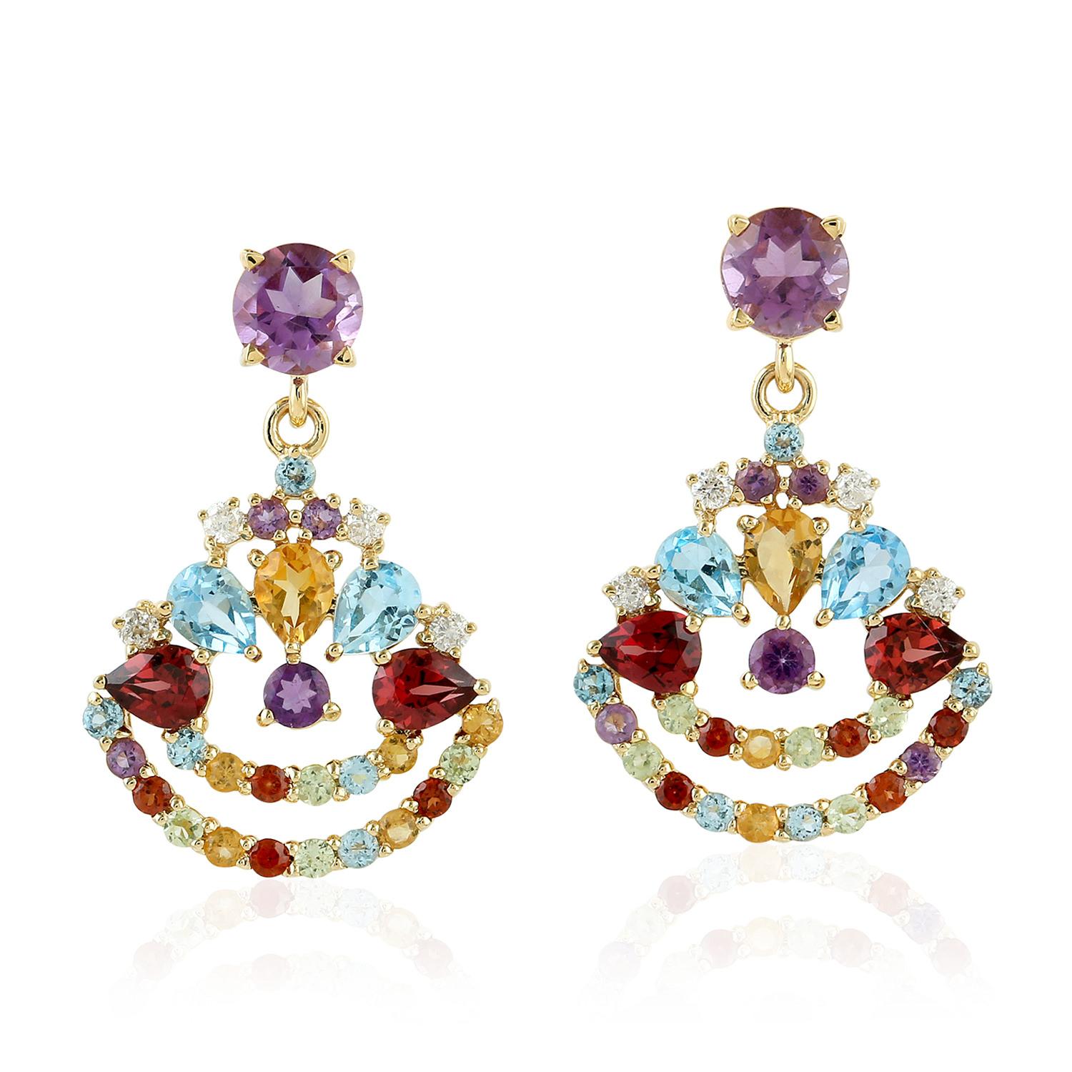 Mixed Cut Multi Gemstone 18 Karat Gold Earrings For Sale