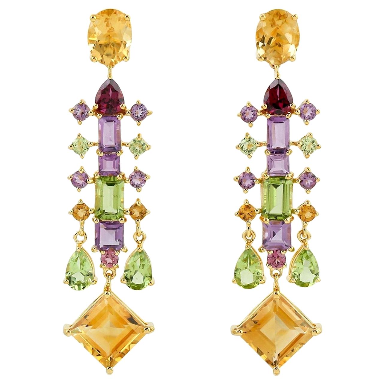 Multi Gemstone 18 Karat Gold Earrings For Sale