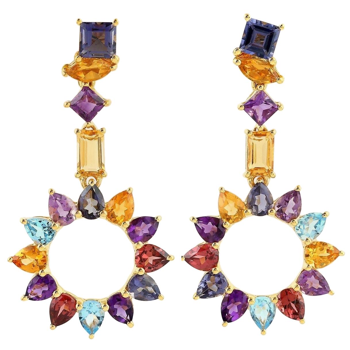 Multi Gemstone 18 Karat Gold Earrings For Sale