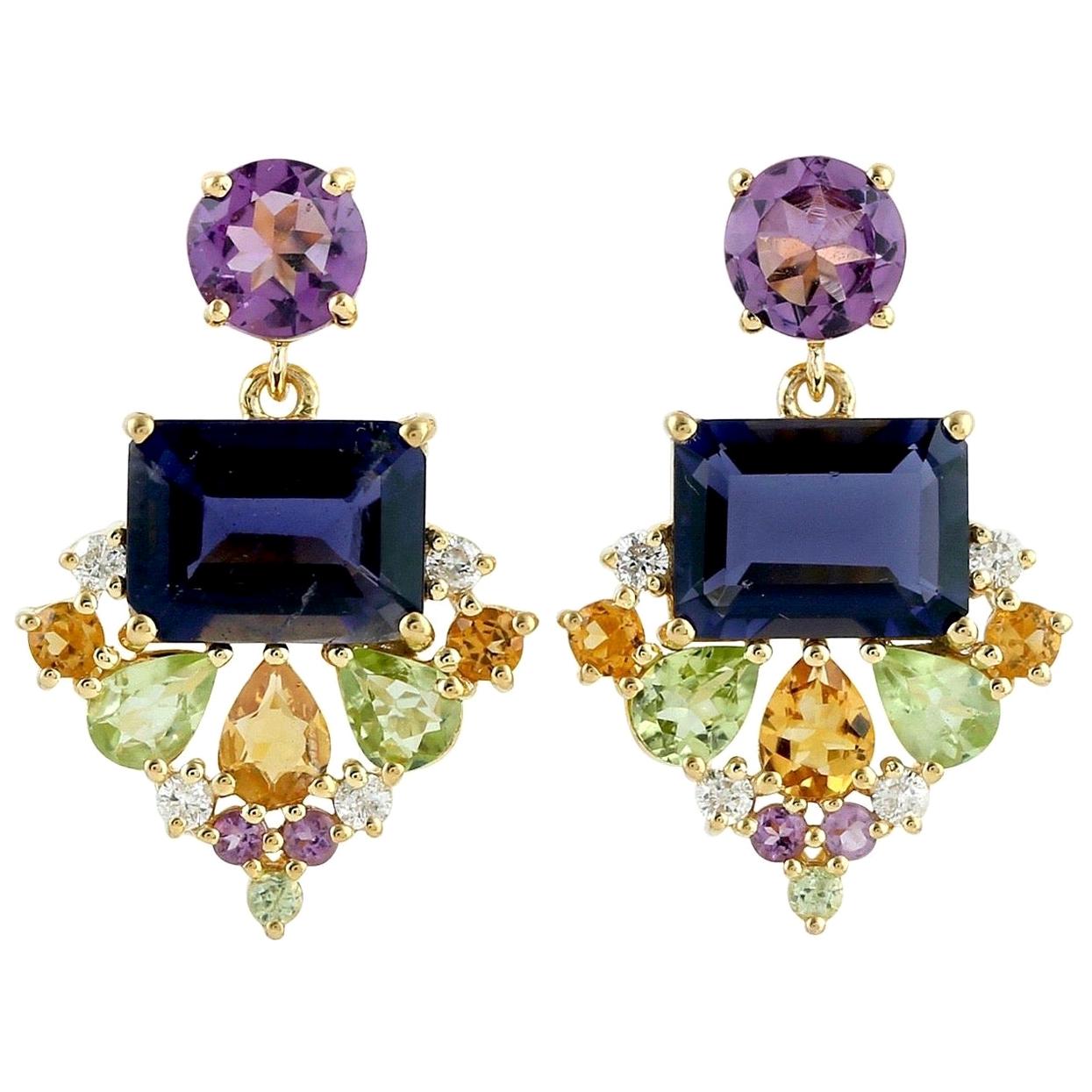 Multi Gemstone 18 Karat Gold Earrings Iolite Citrine Amethyst For Sale