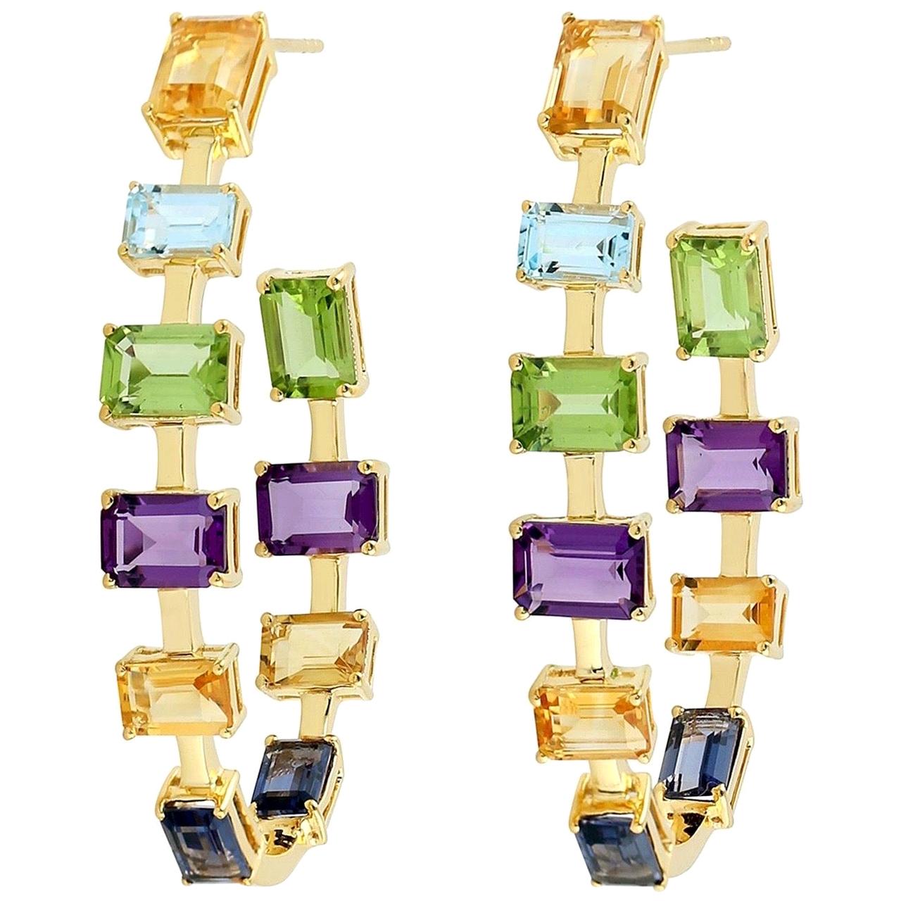 Multi Gemstone 18 Karat Gold Hoop Earrings For Sale