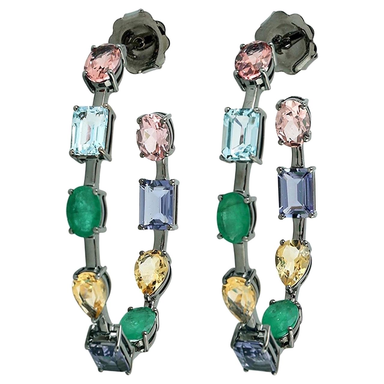 Multi Gemstone 18 Karat Gold Hoop Earrings For Sale