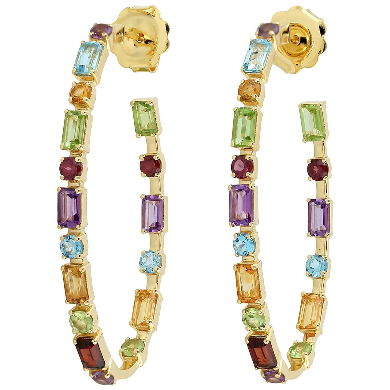 Multi Gemstone 18 Karat Gold Inside Out Hoop Earrings For Sale