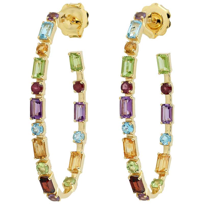 Multi Gemstone 18 Karat Gold Hoop Earrings For Sale at 1stDibs | multi ...