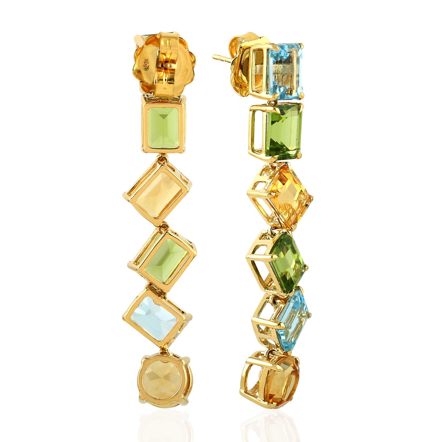 Modern Multi Gemstone 18 Karat Gold Linear Earrings For Sale