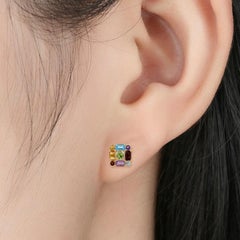 Multi Gemstone 18 Karat Gold Square Stud Earrings