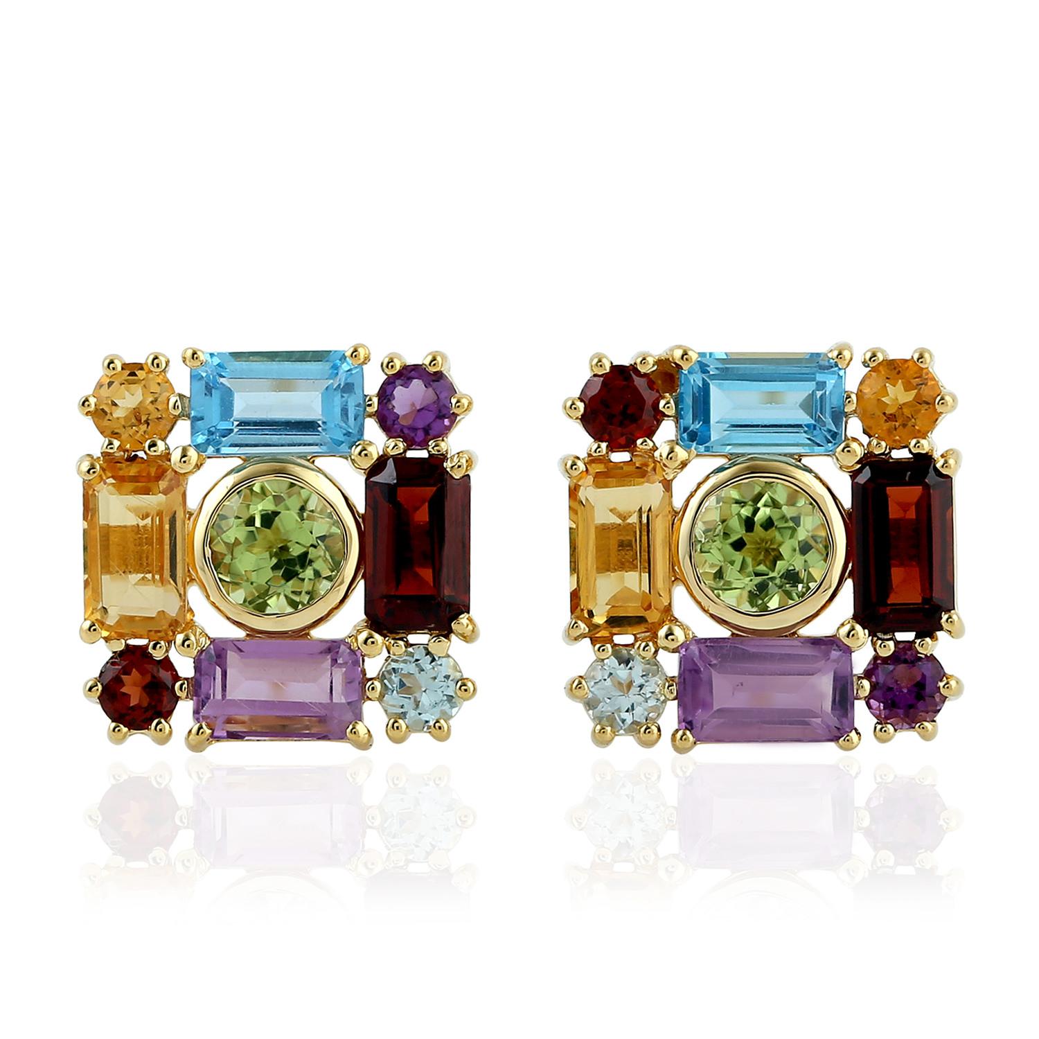 Contemporary Multi Gemstone 18 Karat Gold Square Stud Earrings For Sale