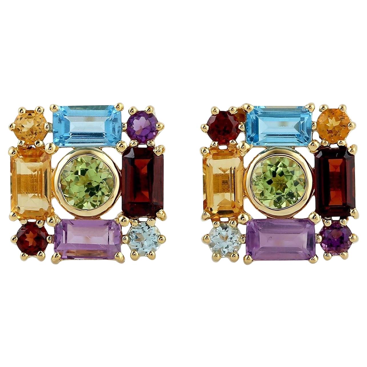 Multi Gemstone 18 Karat Gold Square Stud Earrings For Sale