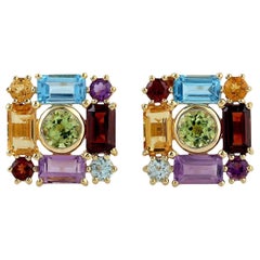 Multi Gemstone 18 Karat Gold Square Stud Earrings