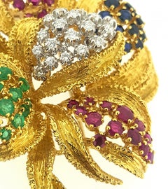 Multi-Gemstone 18 Karat Yellow Gold Flower Brooch