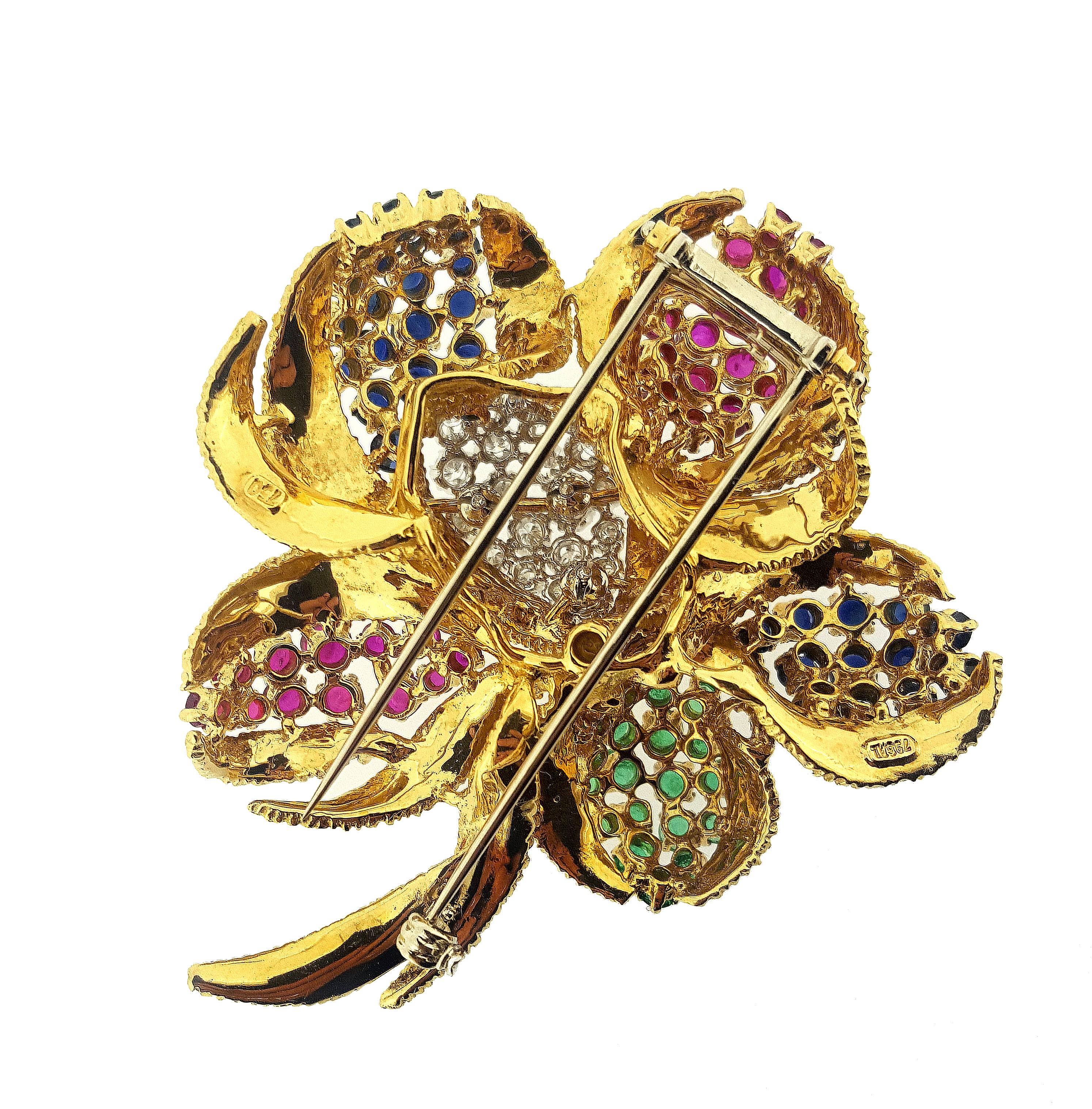 Retro Multi-Gemstone 18 Karat Yellow Gold Flower Brooch