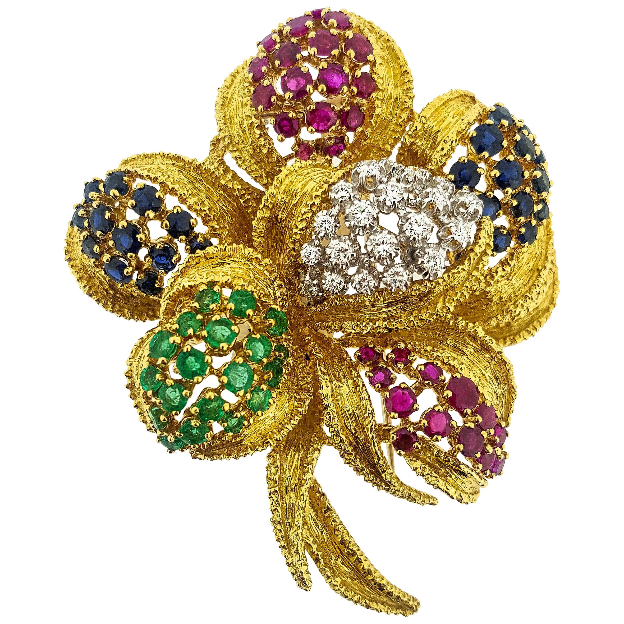 Multi-Gemstone 18 Karat Yellow Gold Flower Brooch