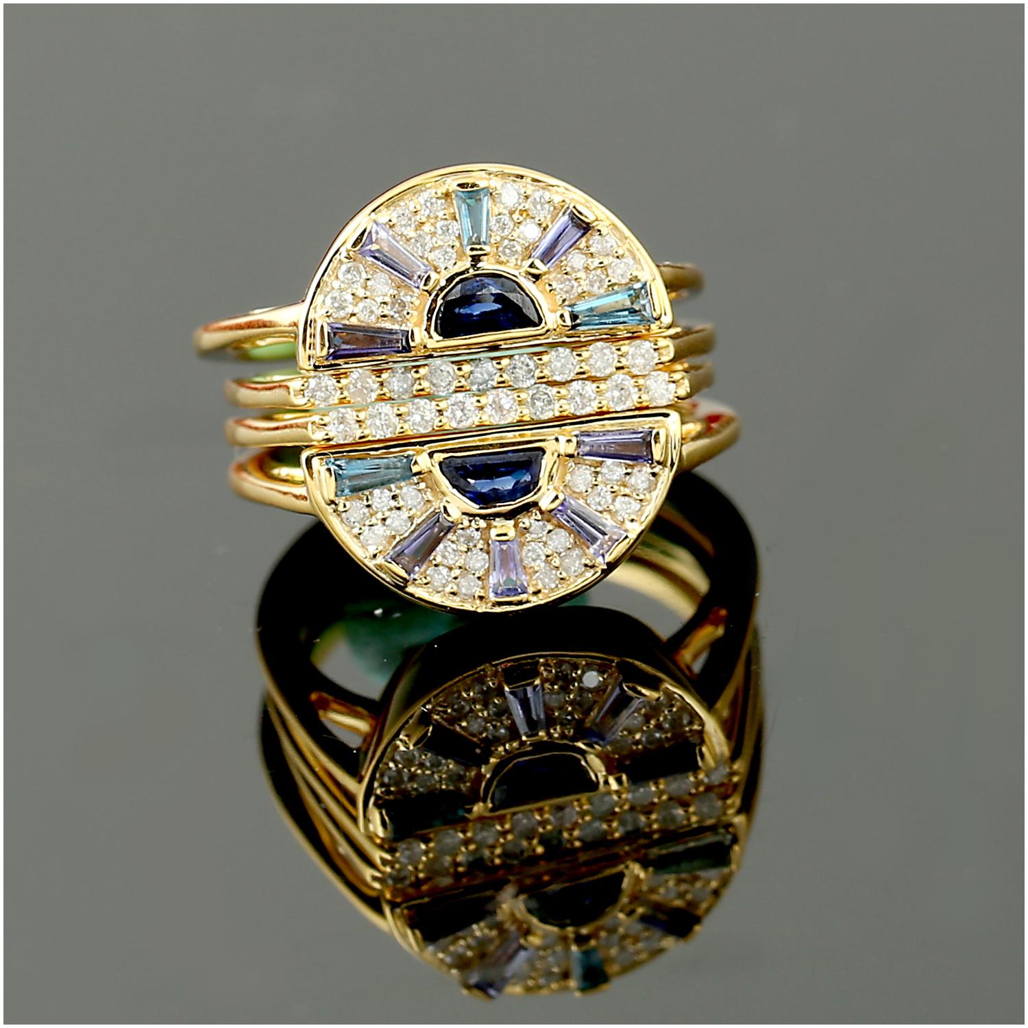 Women's Multi Gemstone 18k Gold Connected Band Ring For Sale