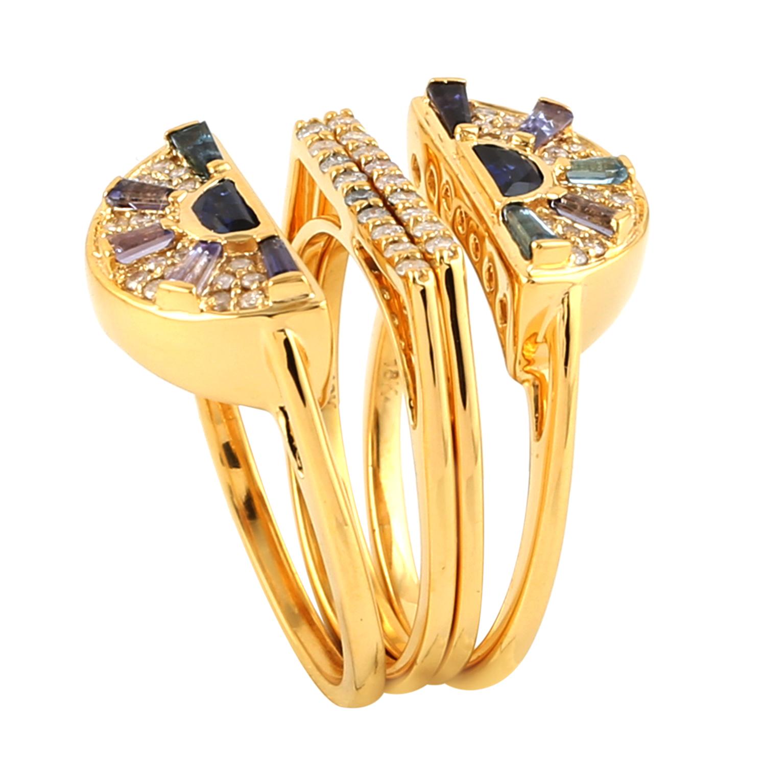 Multi Gemstone 18k Gold Connected Band Ring For Sale 1
