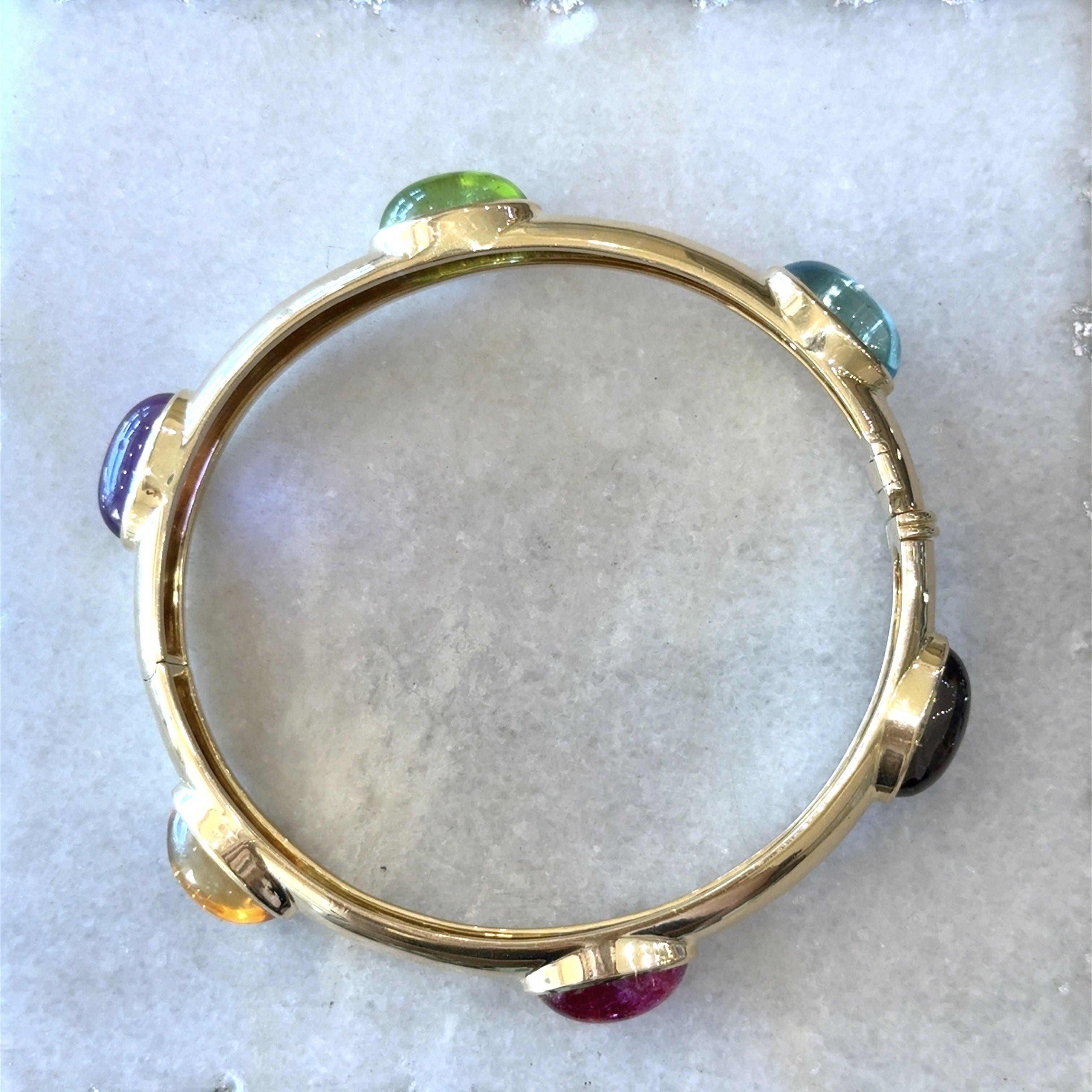Multi Gemstone 18K Gold Hinged Bangel Bracelet 42 Grams For Sale 6