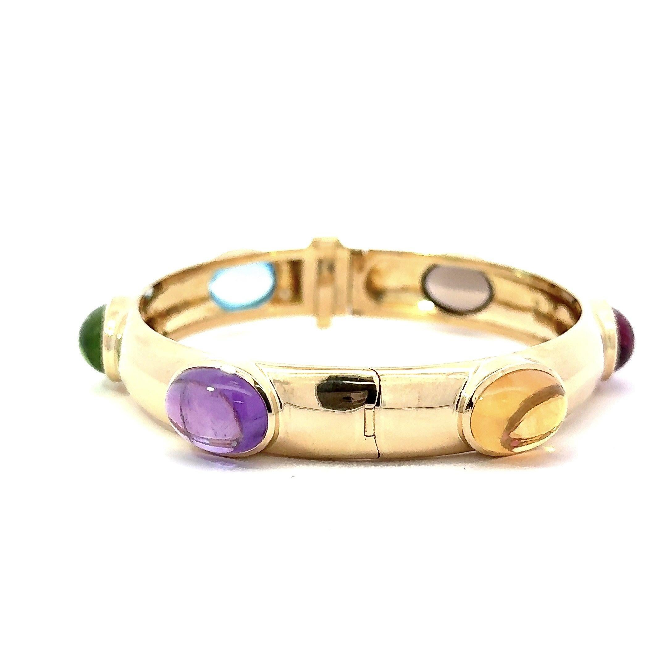 Multi Gemstone 18K Gold Hinged Bangel Bracelet 42 Grams For Sale 1