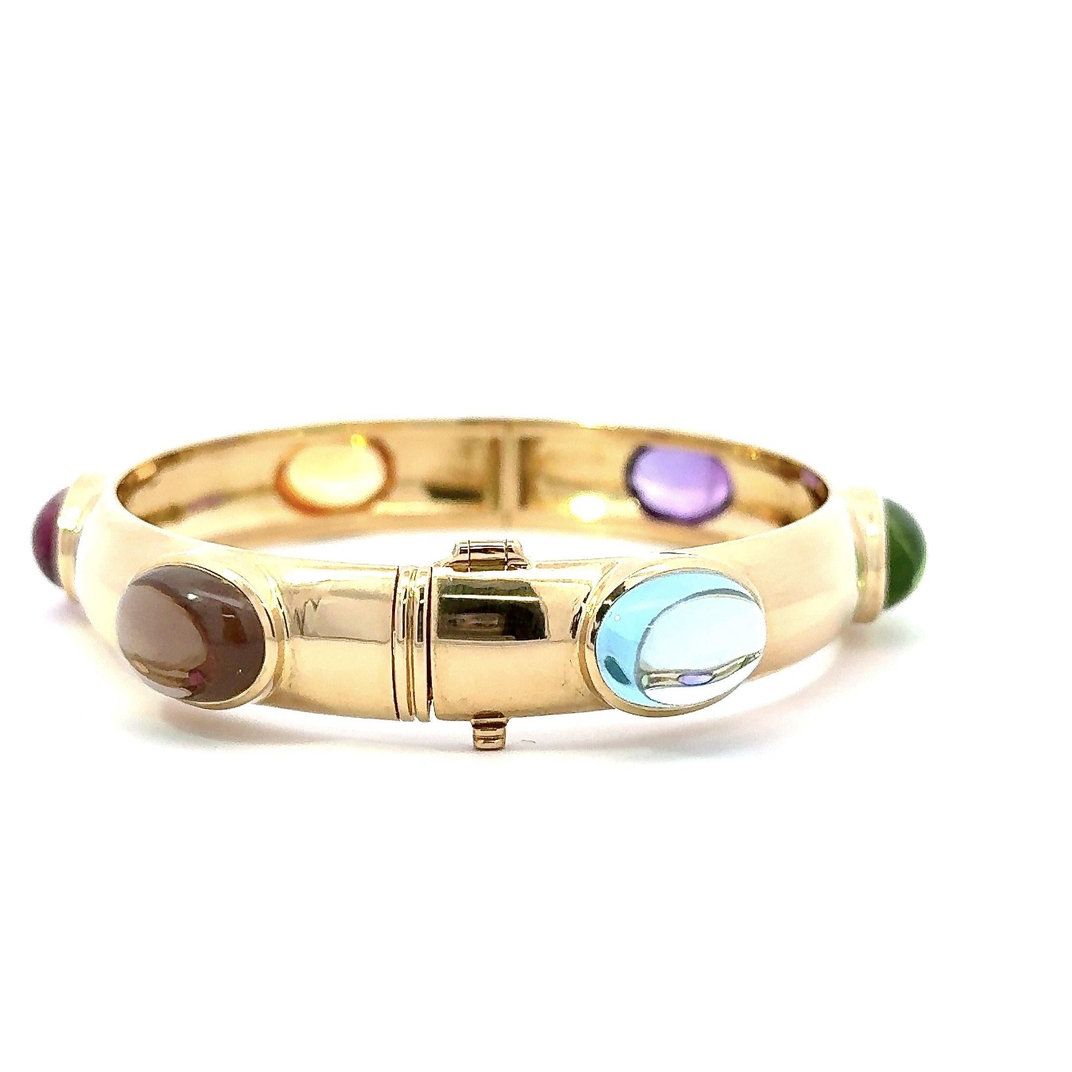 Multi Gemstone 18K Gold Hinged Bangel Bracelet 42 Grams For Sale 2