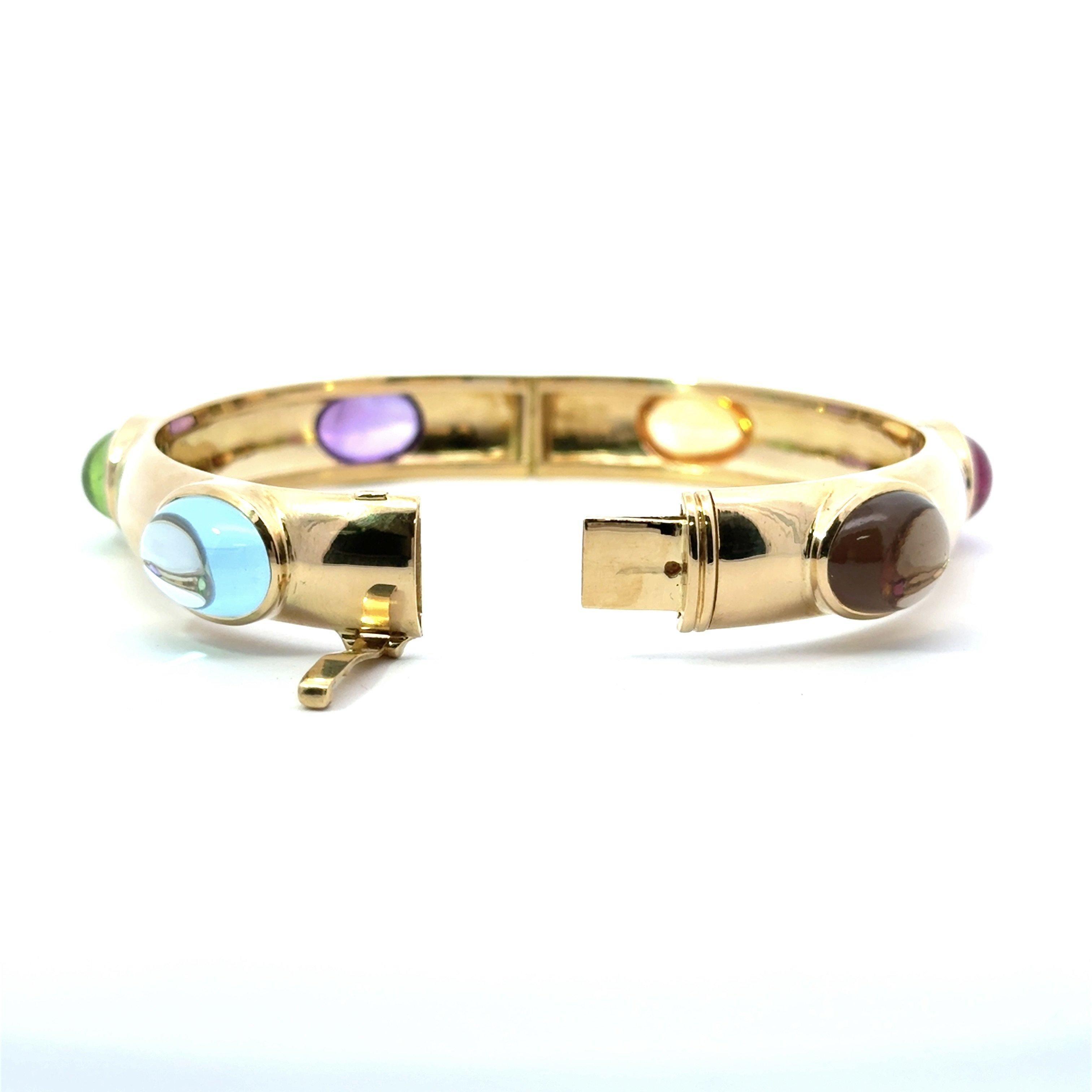 Multi Gemstone 18K Gold Hinged Bangel Bracelet 42 Grams For Sale 3