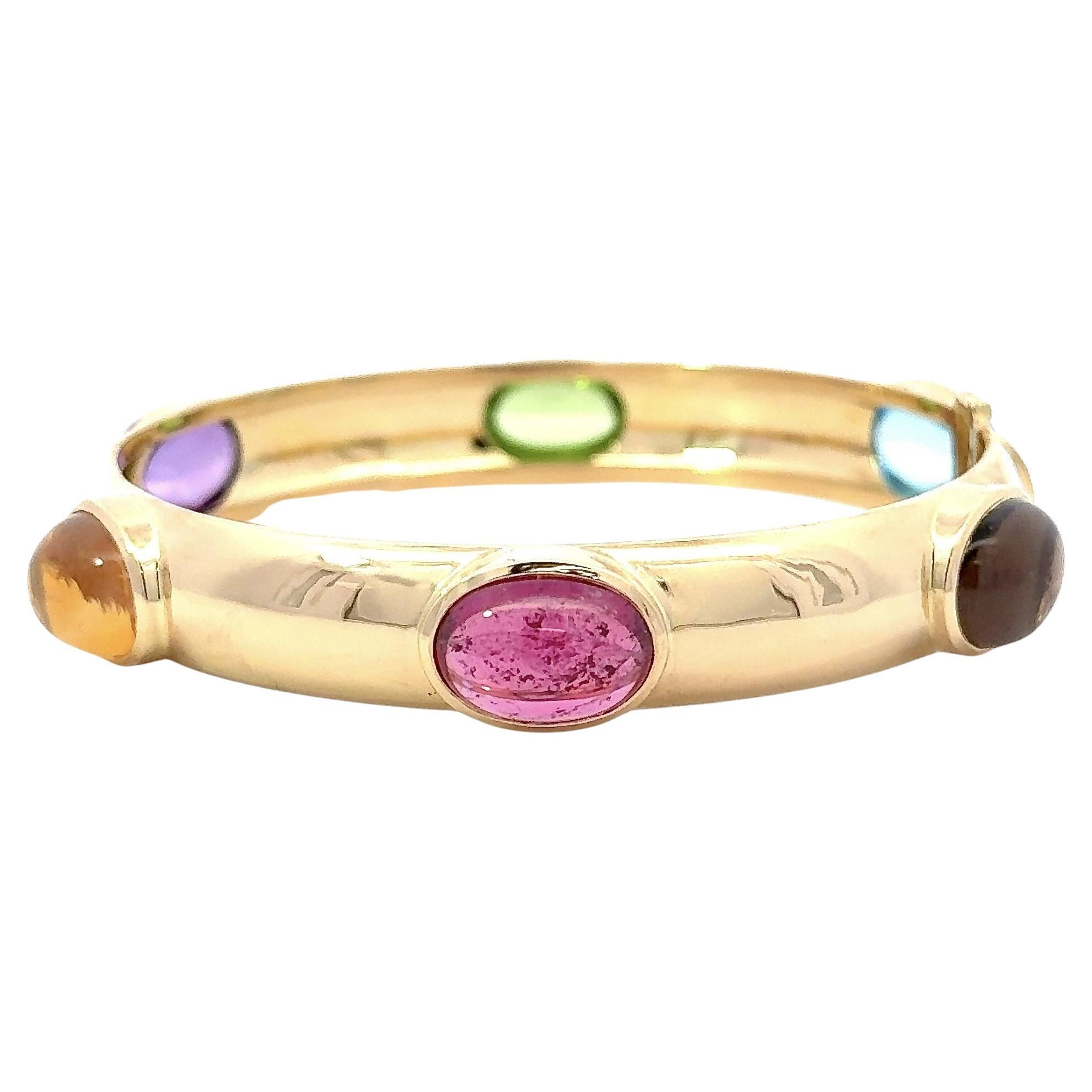 Multi Gemstone 18K Gold Hinged Bangel Bracelet 42 Grams For Sale