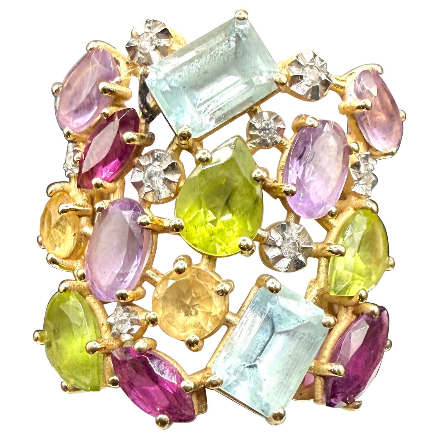 Bague cocktail en or 18K multi-pierres, aigue-marine péridot améthyste en vente