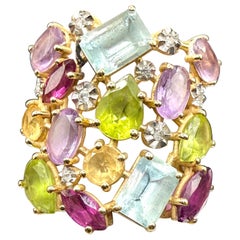 Multi-Gemstone 18K Gold Statement Cocktail Ring, Aquamarine Peridot Amethyst