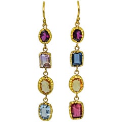 Multi-Gemstone 22 Karat Gold Asymmetrical Dangle Earrings