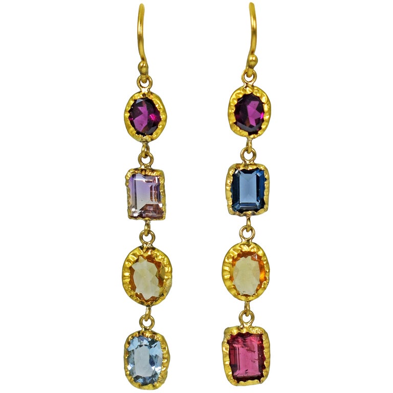 MultiGemstone 22 Karat Gold Asymmetrical Dangle Earrings For Sale at