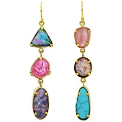 Multi-Gemstone 22 Karat Gold Asymmetrical Dangle Earrings