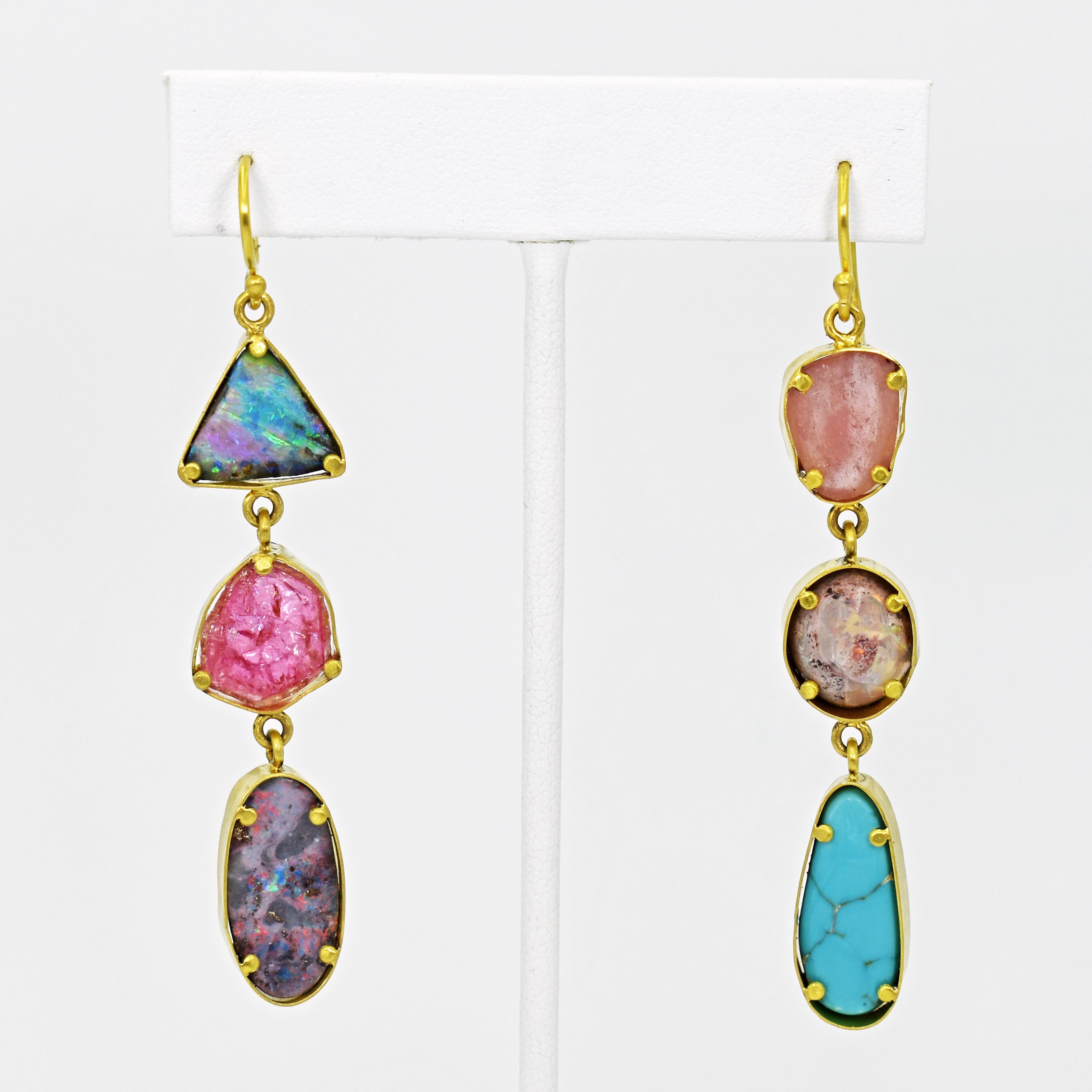 Contemporary Multi-Gemstone 22 Karat Gold Asymmetrical Dangle Earrings