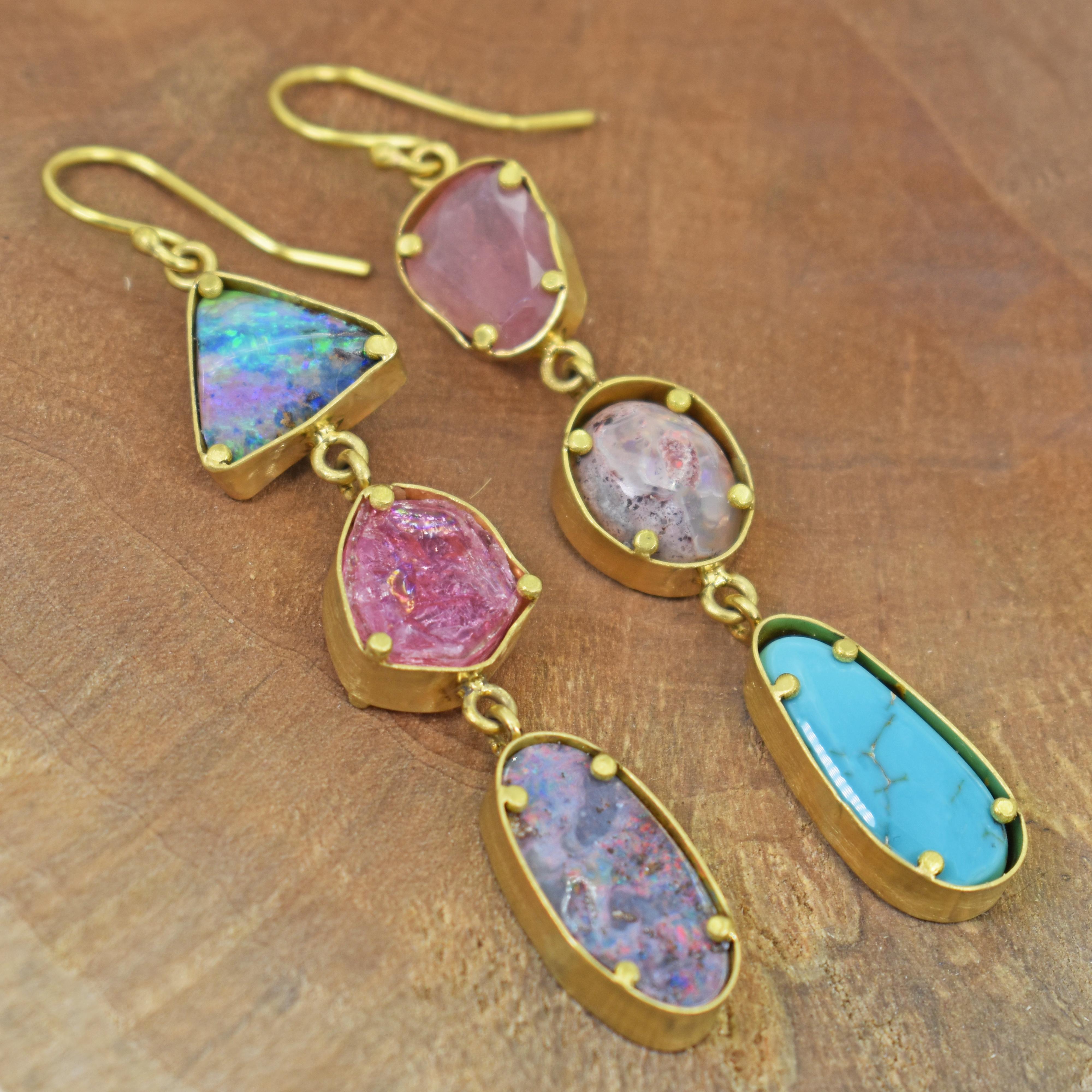 Multi-Gemstone 22 Karat Gold Asymmetrical Dangle Earrings In New Condition In Naples, FL