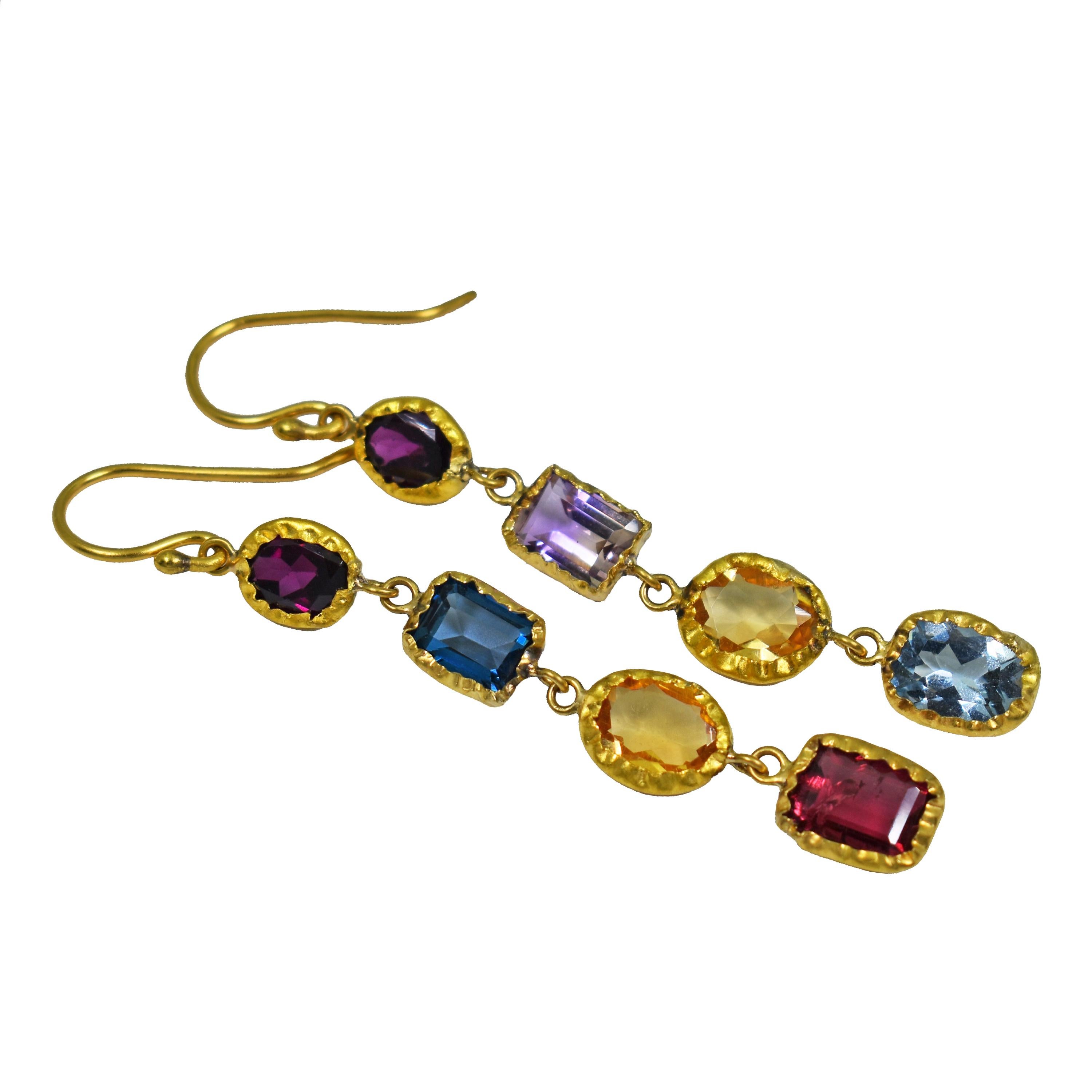 Contemporary Multi-Gemstone 22 Karat Gold Asymmetrical Dangle Earrings For Sale